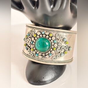 ESTATE SILVER PLATED TEAL CABOCHON GLASS ORNATE CUFF bracelet